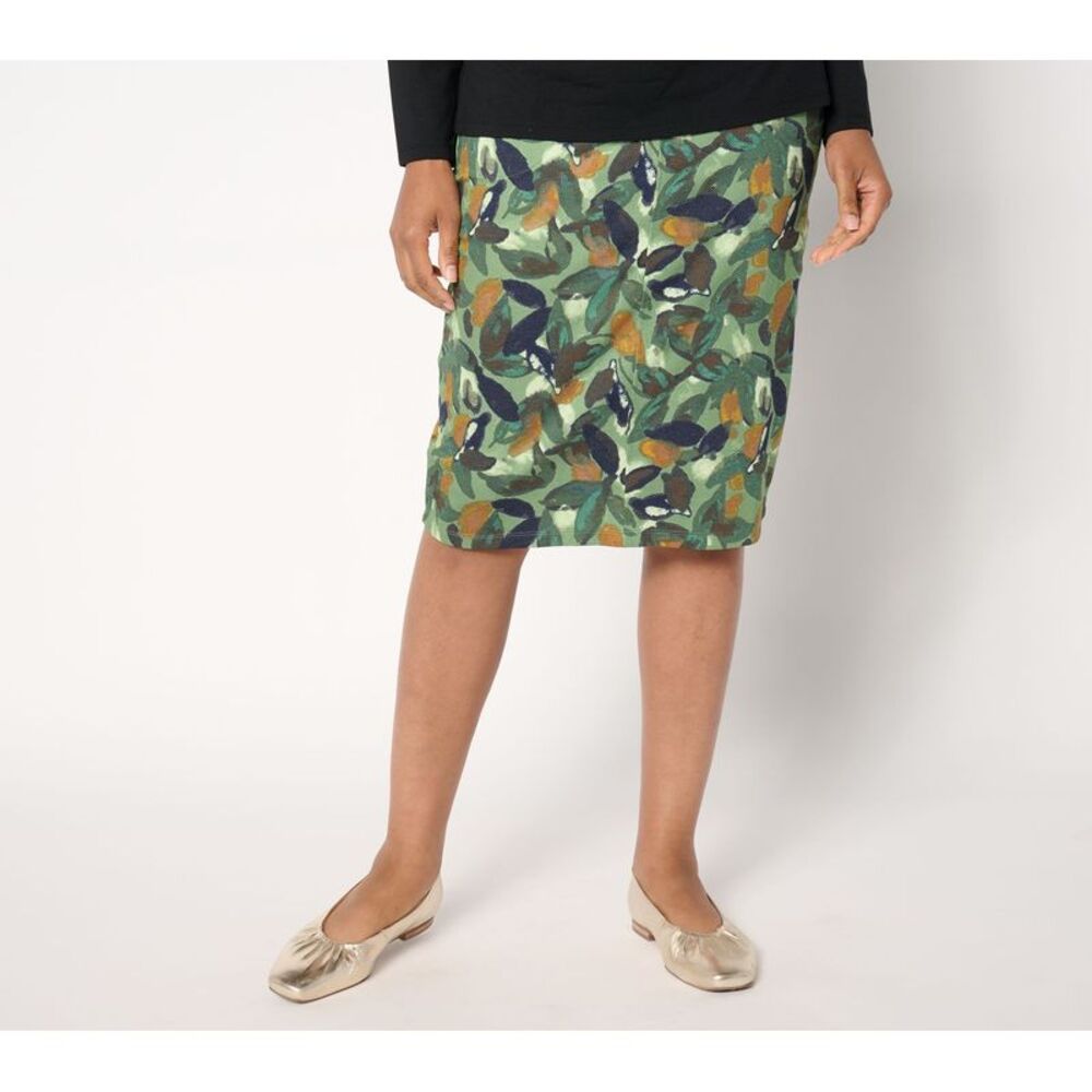 Denim & Co. Women's Petite Skirt PXL Printed Knit Twill Pull-On Green A657840